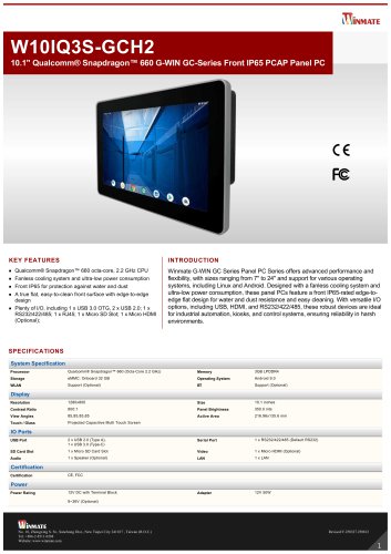 10.1" Qualcomm® Snapdragon™ 660 G-WIN GC-Series Front IP65 PCAP Panel PC W10IQ3S-GCH2