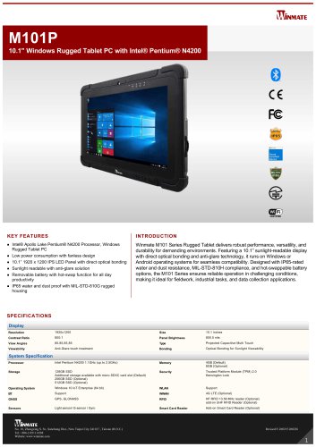 10.1" Windows Rugged Tablet PC with Intel® Pentium® N4200 M101P