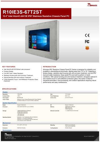 10.4" Intel Atom® x6413E IP67 Stainless Resistive Chassis Panel PC R10IE3S-67T2ST