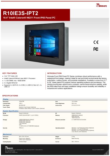 10.4" Intel® Celeron® N6211 Front IP65 Panel PC R10IE3S-IPT2
