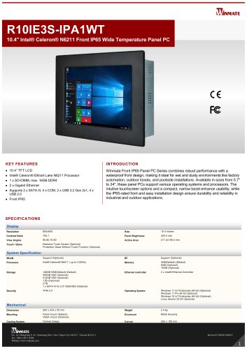 10.4" Intel® Celeron® N6211 Front IP65 Wide Temperature Panel PC R10IE3S-IPA1WT