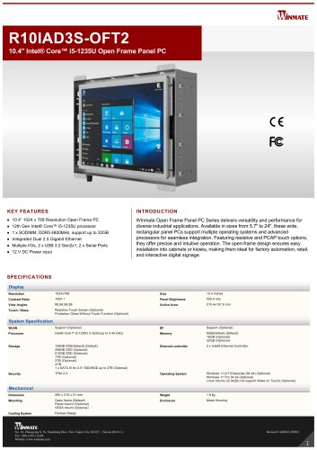  10.4" Intel® Core™ i5-1235U Open Frame Panel PC R10IAD3S-OFT2