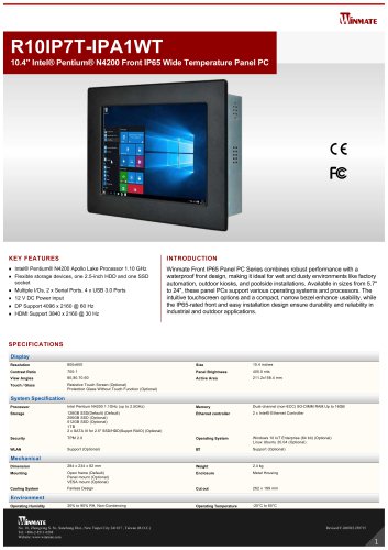 10.4" Intel® Pentium® N4200 Front IP65 Wide Temperature Panel PC R10IP7T-IPA1WT