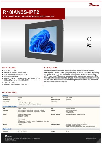 10.4” Intel® Twin Lake N150 Front IP65 Panel PC R10IAN3S-IPT2