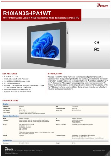 10.4” Intel® Twin Lake N150 Front IP65 Wide Temperature Panel PC R10IAN3S-IPA1WT