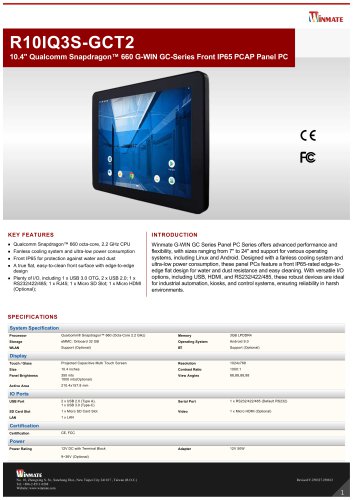 10.4" Qualcomm Snapdragon™ 660 G-WIN GC-Series Front IP65 PCAP Panel PC R10IQ3S-GCT2