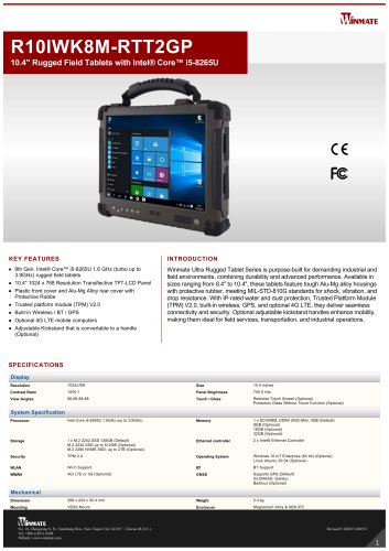 10.4" Rugged Field Tablets with Intel® Core™ i5-8265U  R10IWK8M-RTT2GP