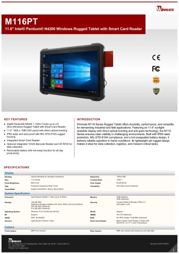 11.6" Intel® Pentium® N4200 Rugged Tablet with Smart Card Reader M116PT
