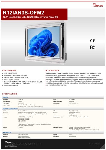 12.1" Intel® Alder Lake-N N150 Open Frame Panel PC R12IAN3S-OFM2