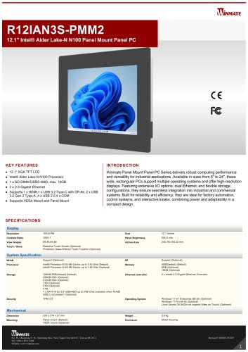 12.1" Intel® Alder Lake-N N150 Panel Mount Panel PC R12IAN3S-PMM2