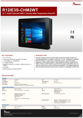 12.1" Intel® Celeron® N6211 Chassis Wide Temperature Panel PC R12IE3S-CHM2WT