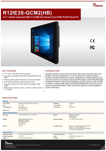 12.1" Intel® Celeron® N6211 G-WIN GC-Series Front IP65 PCAP Panel PC R12IE3S-GCM2(HB)