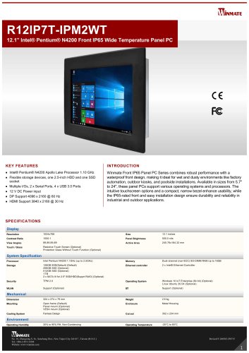 12.1” Intel® Pentium® N4200 Front IP65 Wide Temperature Panel PC R12IP7T-IPM2WT