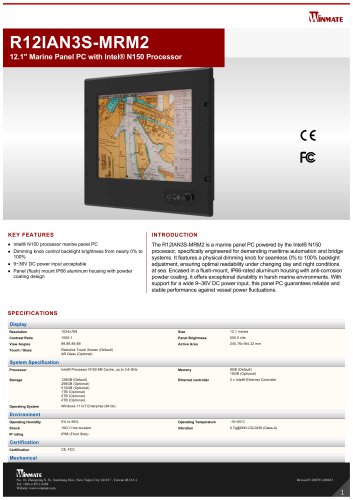 12.1" Marine Panel PC with Intel® N150 Processor R12IAN3S-MRM2