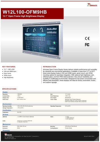 12.1” Open Frame High Brightness Display W12L100-OFM9HB