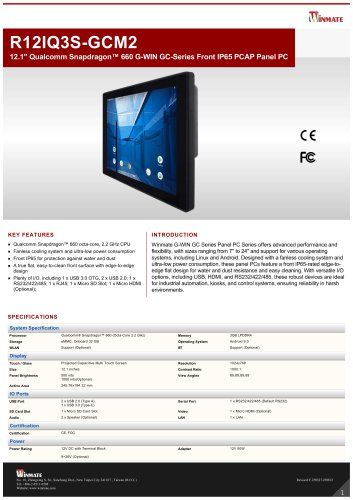 12.1" Qualcomm Snapdragon™ 660 G-WIN GC-Series Front IP65 PCAP Panel PC R12IQ3S-GCM2