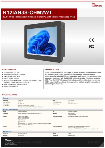12.1" Wide Temperature Chassis Panel PC with Intel® Processor N150 R12IAN3S-CHM2WT