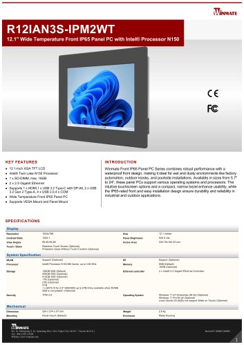 12.1" Wide Temperature Front IP65 Panel PC with Intel® Processor N150 R12IAN3S-IPM2WT