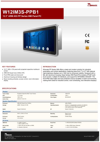 12.3” ARM A53 PP Series HMI Panel PC W12IM3S-PPB1