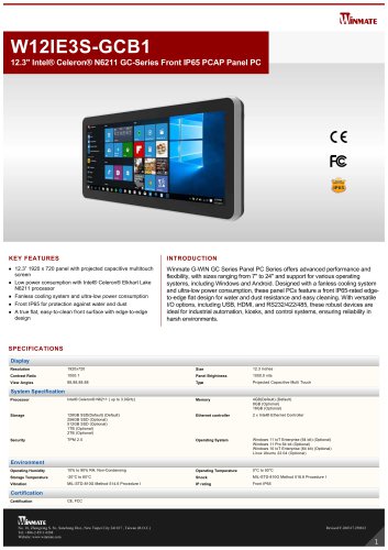12.3" Intel® Celeron® N6211 GC-Series Front IP65 PCAP Panel PC W12IE3S-GCB1