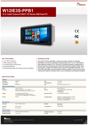 12.3" Intel® Celeron® N6211 PP Series HMI Panel PC W12IE3S-PPB1