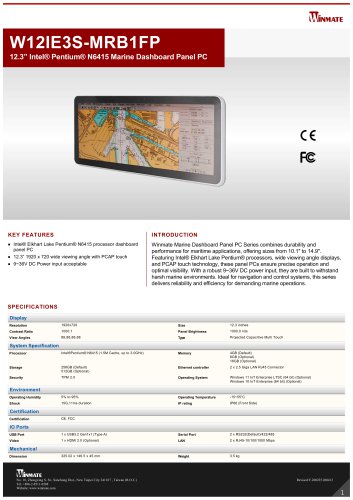 12.3” Intel® Pentium® N6415 Marine Dashboard Panel PC W12IE3S-MRB1FP