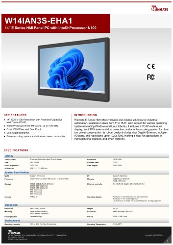 14" E Series HMI Panel PC with Intel® Processor N150 W14IAN3S-EHA1