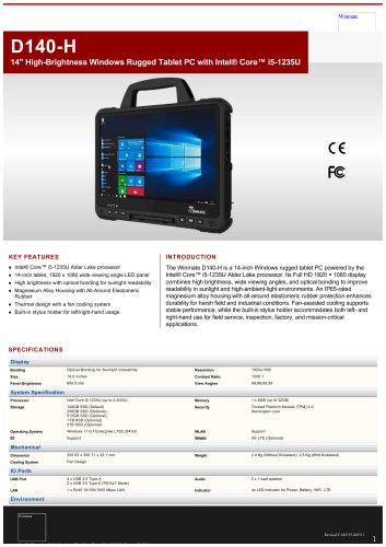 14" High-Brightness Windows Rugged Tablet PC with Intel® Core™ i5-1235U D140-H