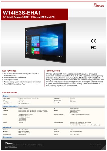 14" Intel® Celeron® N6211 E Series HMI Panel PC W14IE3S-EHA1
