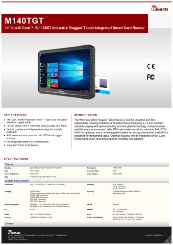 14" Intel® Core™ i5-1135G7 Industrial Rugged Tablet Integrated Smart Card Reader  M140TGT