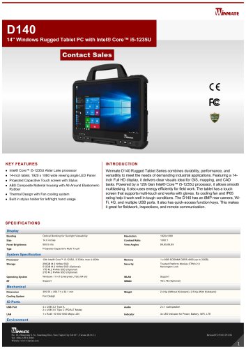 14" Windows Rugged Tablet PC with Intel® Core™ i5-1235U D140