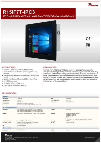 15" Front IP65 Panel PC with Intel® Core™ i3/i5/i7 (Coffee Lake Refresh) R15IF7T-IPC3