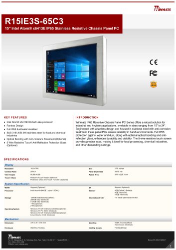 15" Intel Atom® x6413E IP65 Stainless Resistive Chassis Panel PC R15IE3S-65C3