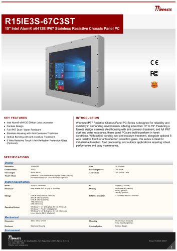 15" Intel Atom® x6413E IP67 Stainless Resistive Chassis Panel PC R15IE3S-67C3ST