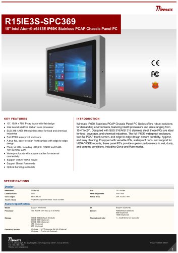 15" Intel Atom® x6413E IP69K Stainless PCAP Chassis Panel PC R15IE3S-SPC369