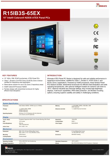15" Intel® Celeron® N2930 ATEX Panel PCs R15IB3S-65EX