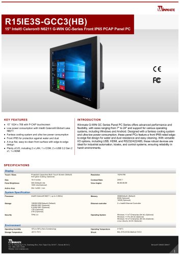 15" Intel® Celeron® N6211 G-WIN GC-Series Front IP65 PCAP Panel PC R15IE3S-GCC3(HB)