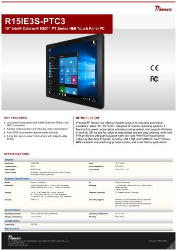 15" Intel® Celeron® N6211 PT Series HMI Touch Panel PC R15IE3S-PTC3