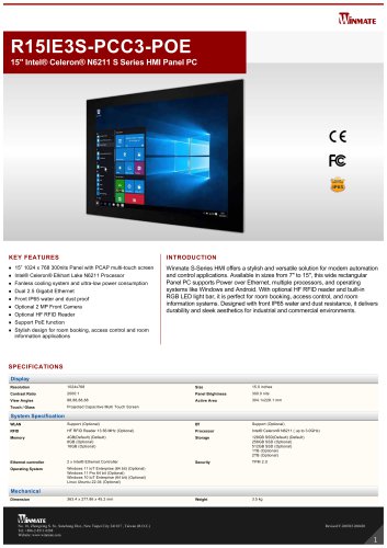 15" Intel® Celeron® N6211 S Series HMI Panel PC R15IE3S-PCC3-POE