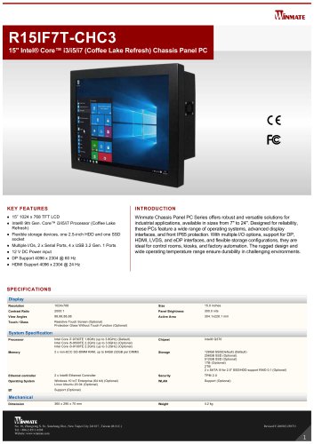 15" Intel® Core™ i3/i5/i7 (Coffee Lake Refresh) Chassis Panel PC R15IF7T-CHC3