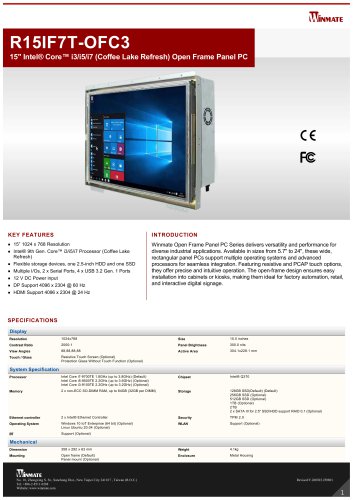 15" Intel® Core™ i3/i5/i7 (Coffee Lake Refresh) Open Frame Panel PC R15IF7T-OFC3