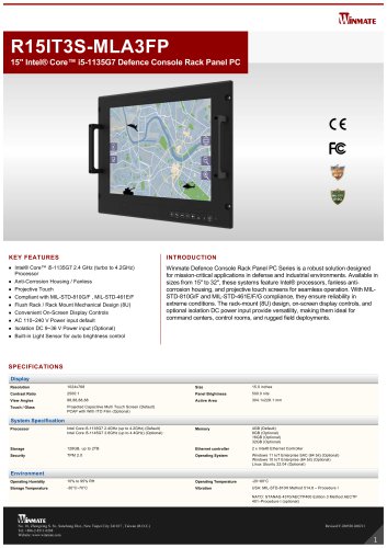 15" Intel® Core™ i5-1135G7 Defence Console Rack Panel PC R15IT3S-MLA3FP