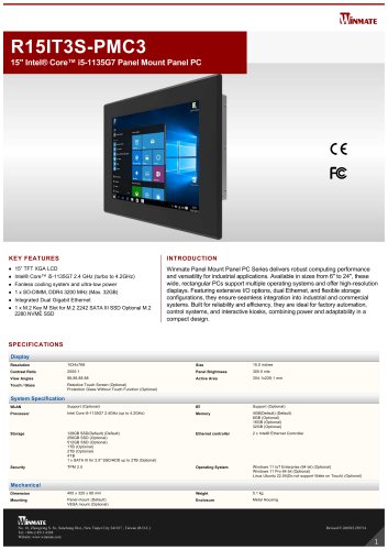 15" Intel® Core™ i5-1135G7 Panel Mount Panel PC R15IT3S-PMC3