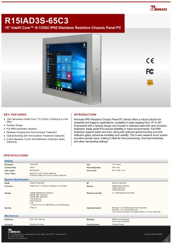 15" Intel® Core™ i5-1235U IP65 Stainless Resistive Chassis Panel PC R15IAD3S-65C3