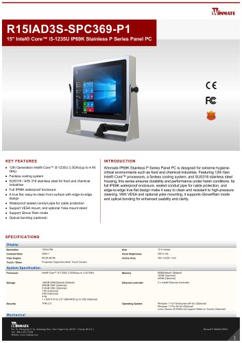 15" Intel® Core™ i5-1235U IP69K Stainless P Series Panel PC R15IAD3S-SPC369-P1