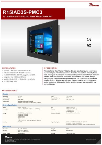 15" Intel® Core™ i5-1235U Panel Mount Panel PC R15IAD3S-PMC3