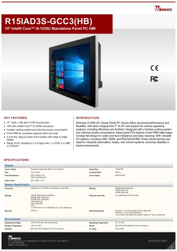 15" Intel&reg; Core&trade; i5-1235U Standalone Panel PC HMI R15IAD3S-GCC3(HB)