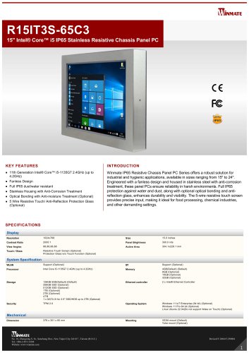15" Intel® Core™ i5 IP65 Stainless Resistive Chassis Panel PC R15IT3S-65C3