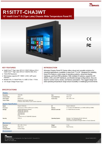 15” Intel® Core™ i5 (Tiger Lake) Chassis Wide Temperature Panel PC R15IT7T-CHA3WT