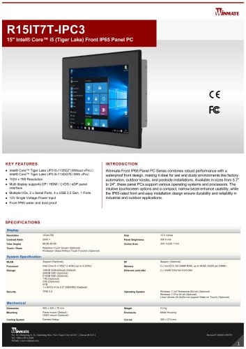 15" Intel® Core™ i5 (Tiger Lake) Front IP65 Panel PC R15IT7T-IPC3
